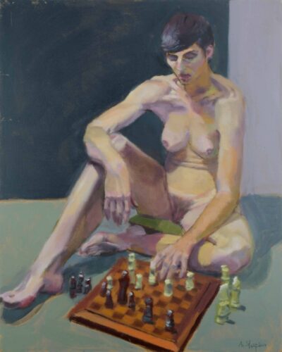Nude Woman Playing Chess, oil painting by Arye Shapiro