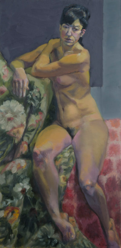 Nude Woman on Brocade, oil painting by Arye Shapiro