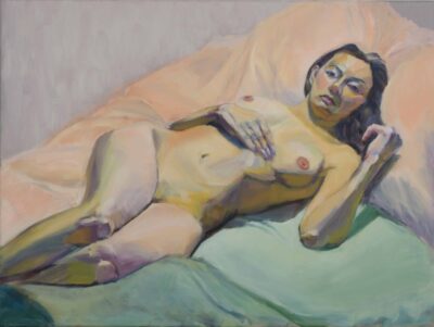 Nude Woman on Green and Peach Sheets II, oil painting by Arye Shapiro