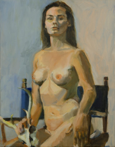 Nude woman seated with deer skull, oil painting by Arye Shapiro