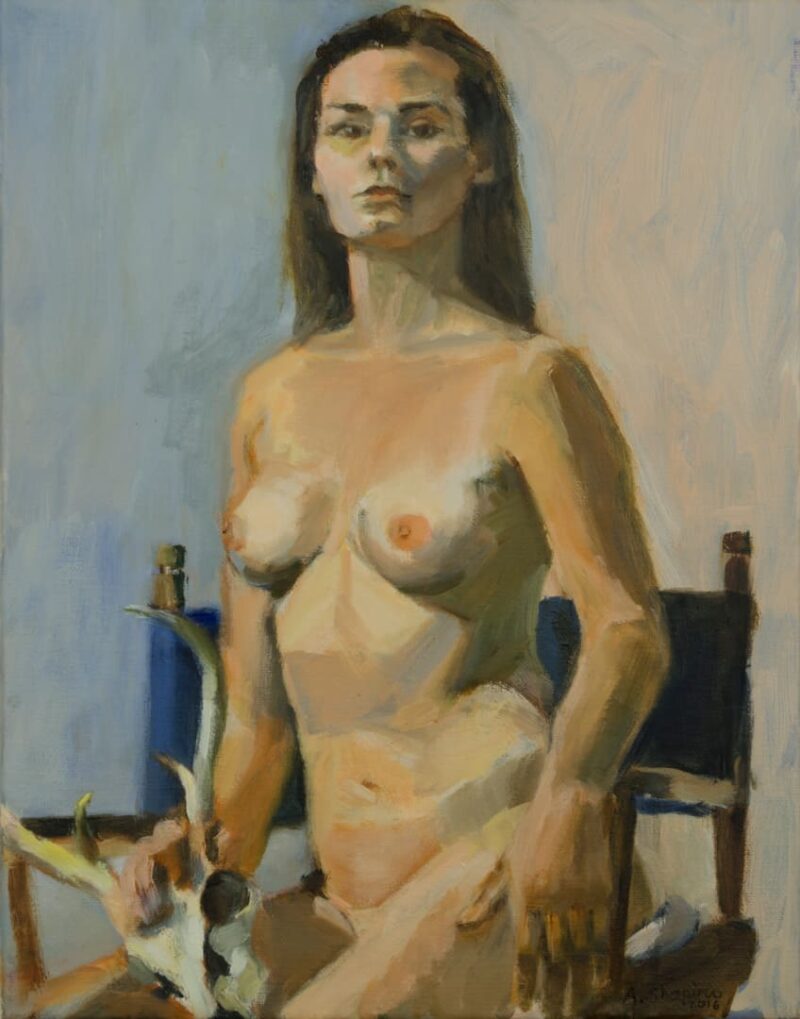 Nude woman seated with deer skull, painting by Arye Shapiro