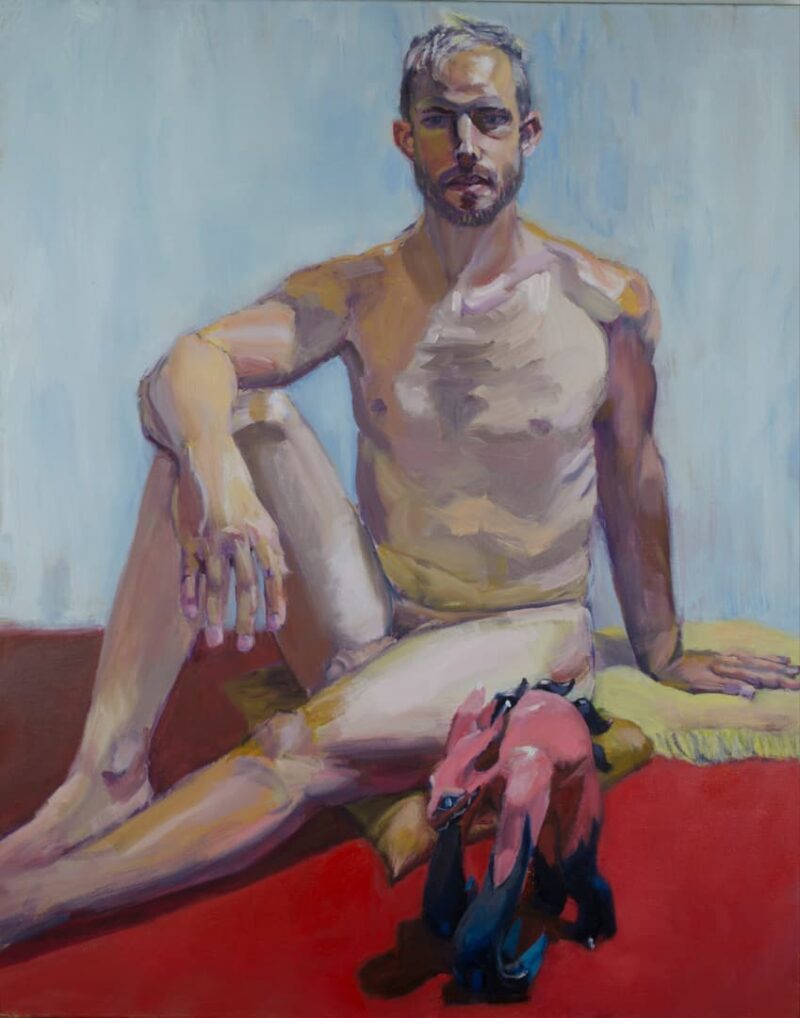 Male Nude with Pink Monster, oil painting by Arye Shapiro
