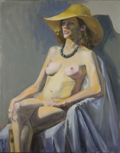 Nude Woman with Yellow Brim Hat and Black Necklace, oil painting by Arye Shapiro