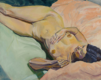 Reclining Female Nude on Green and Peach Sheets, oil painting by Arye Shapiro