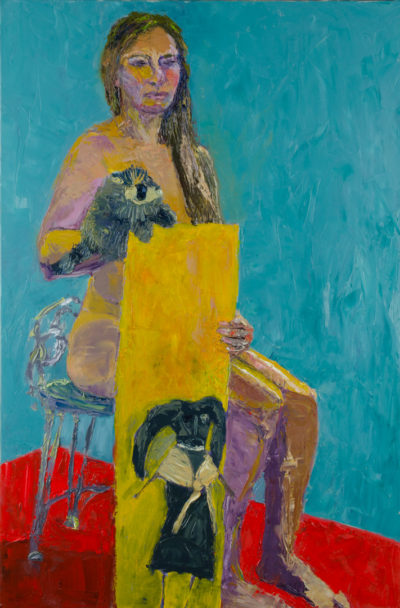 Female Nude with Raccoon Puppet and Voodoo Doll, oil painting by Arye Shapiro
