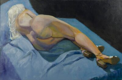 Reclining woman with blonde wig and sandals, painting by Arye Shapiro