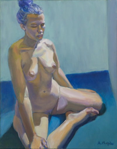 Purple-haired Nude woman seated on blue