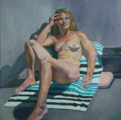 Blonde Reclining Woman on Striped Towel, oil painting by Arye Shapiro
