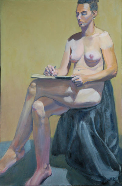 Short-haired Brunette Nude Woman Sketching on Lap, oil painting by Arye Shapiro