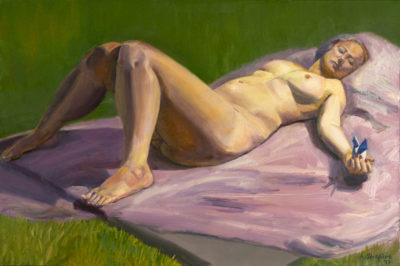 Reclining nude woman holding origami, oil painting by Arye Shapiro