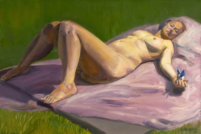 Reclining nude woman holding origami, oil painting by Arye Shapiro