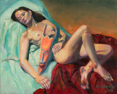 Reclining female nude with mask, oil painting by Arye Shapiro
