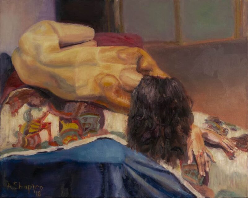 Reclining nude female brunette on tapestry, oil painting by Arye Shapiro