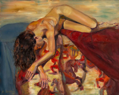Reclining brunette nude female over brocade with horses, oil painting by Arye Shapiro