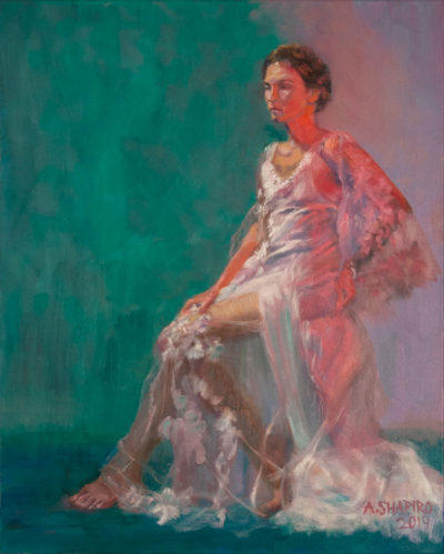 Seated female in wedding dress, oil painting by Arye Shapiro
