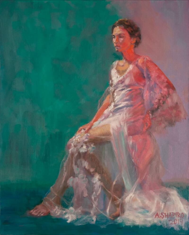 Seated female in wedding dress, oil painting by Arye Shapiro