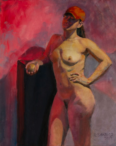 Standing female nude in red cap, oil painting by Arye Shapiro