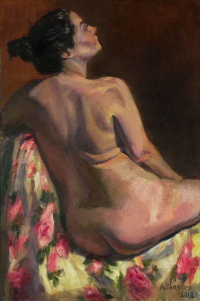 Back of seated female brunette on floral brocade, oil painting by Arye Shapiro