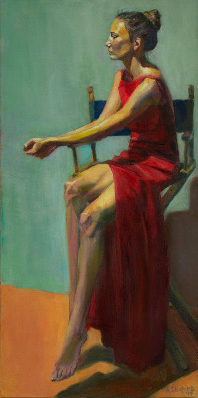 Seated Russian dancer in red dress, oil painting by Arye Shapiro