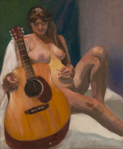 Seated Nude Woman With Guitar, oil painting by Arye Shapiro