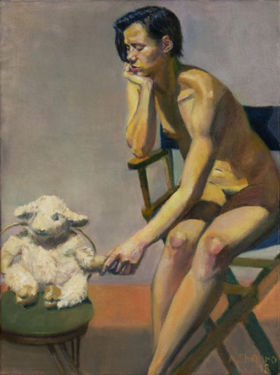 Seated nude female with stuffed animal doll, oil painting by Arye Shapiro