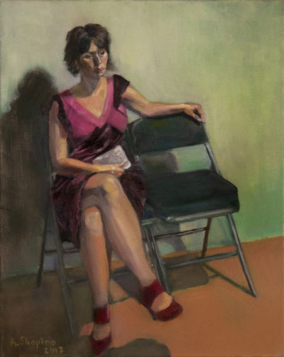 Seated female in red dress next to empty chair, figurative oil painting by Arye Shapiro