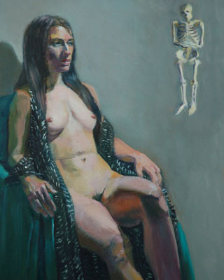 Nude Woman with Human Skeleton, painting by Arye Shapiro