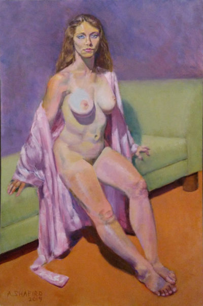 Seated nude with pink bathrobe on green divan