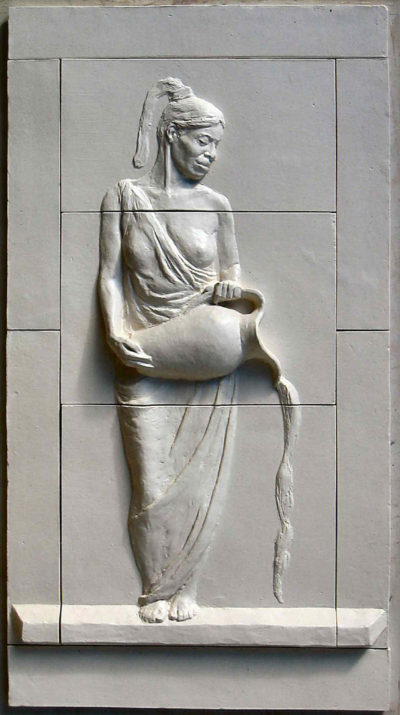 Water Bearer, ceramic bas relief by Arye Shapiro