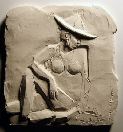 Woman at the Beach, ceramic bas relief by Arye Shapiro