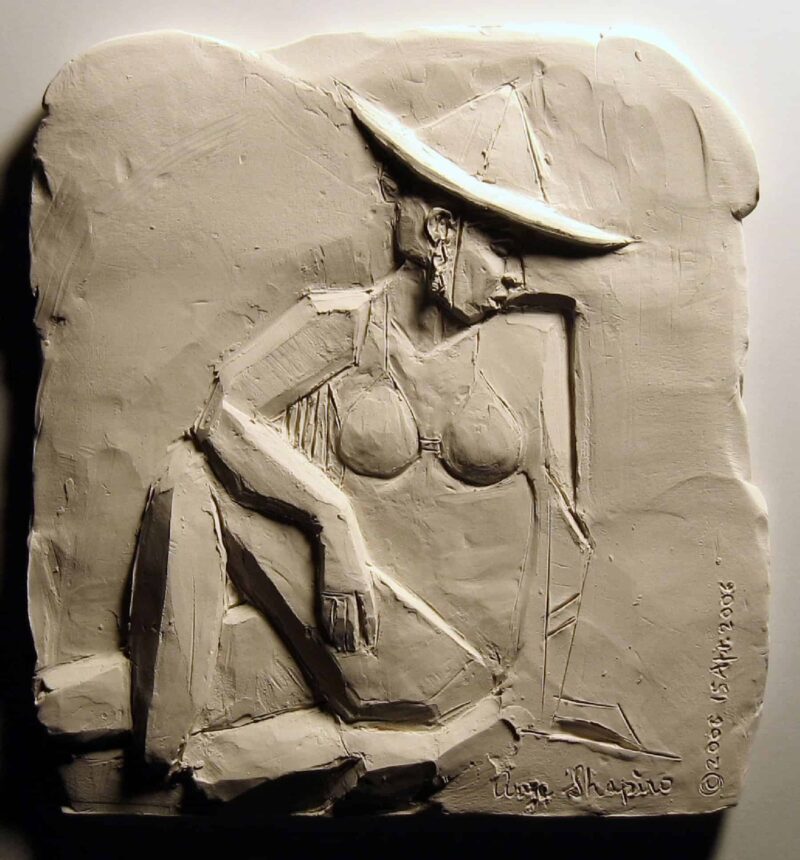 Woman at the Beach, ceramic bas relief by Arye Shapiro