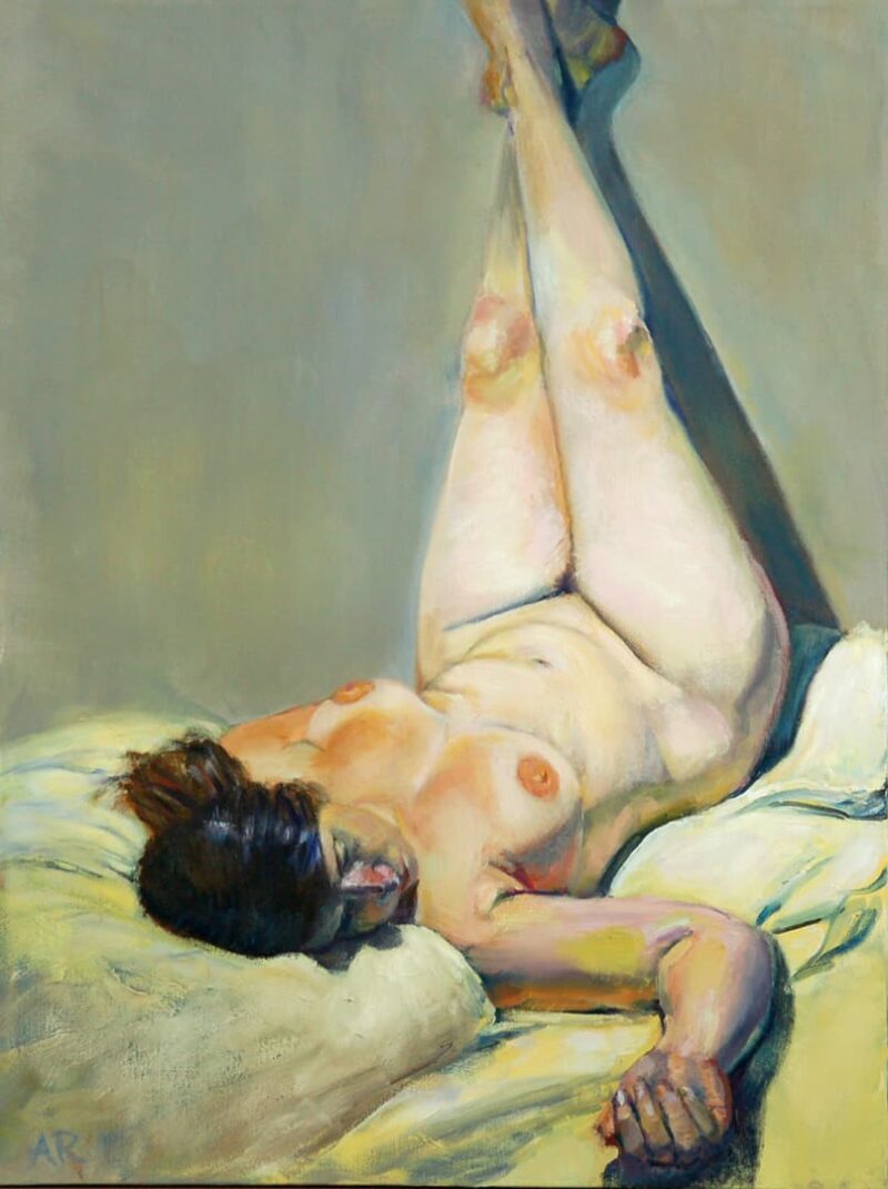 Nude woman on bed, legs on wall, in an Oil painting by Arye Shapiro