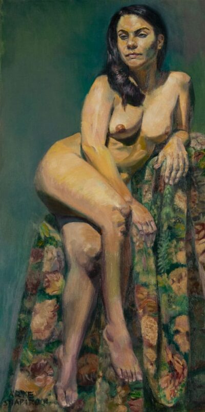 Seated Nude Woman with Brocade, oil painting by Arye Shapiro