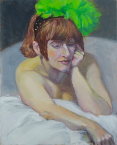 Nude with Green Fascinator, oil painting by Arye Shapiro