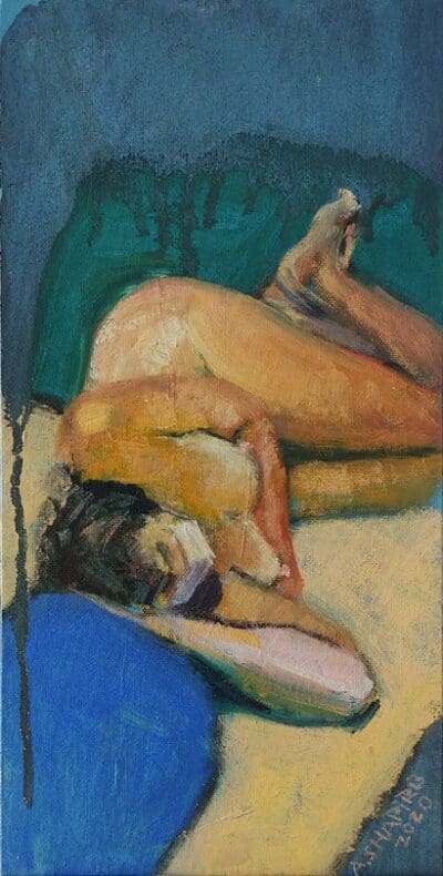 Nude Woman Reclining Between Blue and Green Pillows, painting by Arye Shapiro