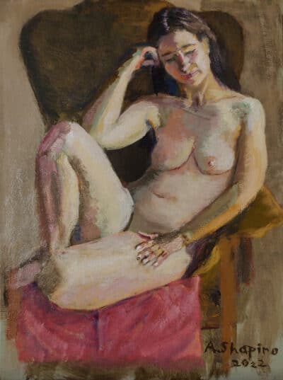 "Nude Woman Seated on a Magenta Pillow, oil painting by Arye Shapiro"