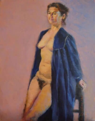 Nude Woman With Open Blue Bathrobe, oil painting by Arye Shapiro