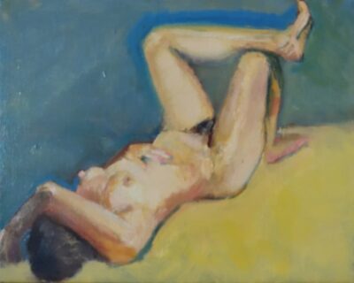 Reclining Nude Woman on Yellow Sheet, painting by Arye Shapiro
