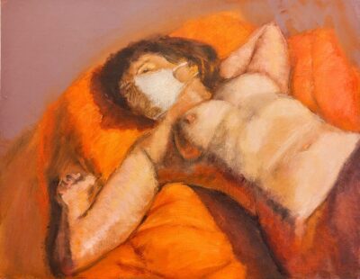 Reclining Nude Woman Wearing Mask on Orange Sheet, oil painting by Arye Shapiro