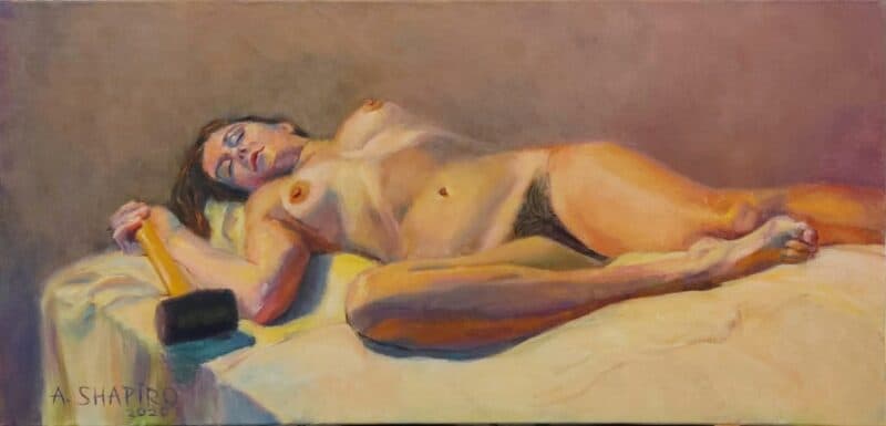 Reclining Nude Woman With Mallet, oil painting by Arye Shapiro