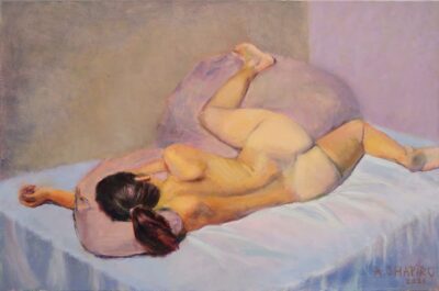 Reclining Nude Woman on Light Blue Sheet-painting by Arye Shapiro