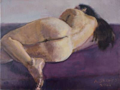 Reclining Nude Woman with Long Brunette Hair on Purple Sheet, painting by Arye Shapiro
