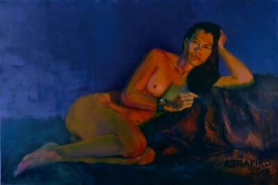 Sarah Reclining in Orange Light, painting by Arye Shapiro