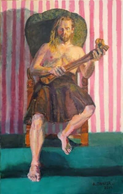 Seated Man with Club, oil painting by Arye Shapiro