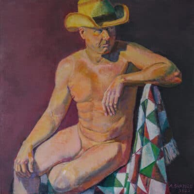 Seated Nude Man Wearing Cowboy Hat, painting by Arye Shapiro