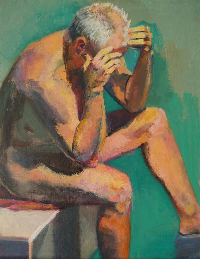 Seated Nude Man with Hands on Face, painting by Arye Shaprio