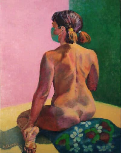 Seated Nude Woman on Blue Dress with White Flower Pattern-painting by Arye Shapiro