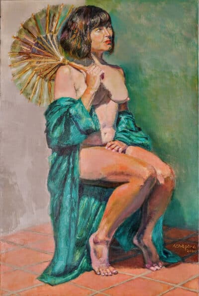 Seated Woman with Green Bathrobe and Parasol, oil painting by Arye Shapiro