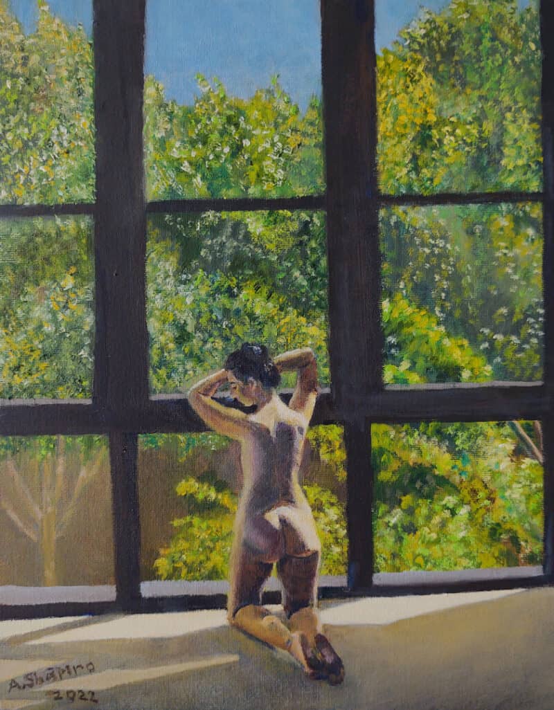 Female nude in studio window, oil painting by Arye Shapiro