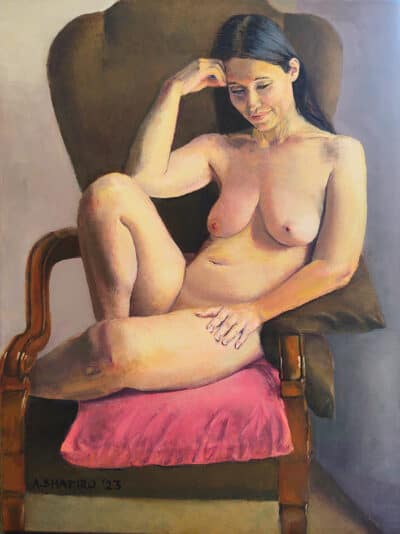 ikr, oil painting of nude woman in an armchair by Arye Shapiro